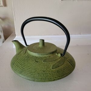 Vintage Japanese Tetsubin Cast Iron Green Dragonfly Teapot With Handle & Lid